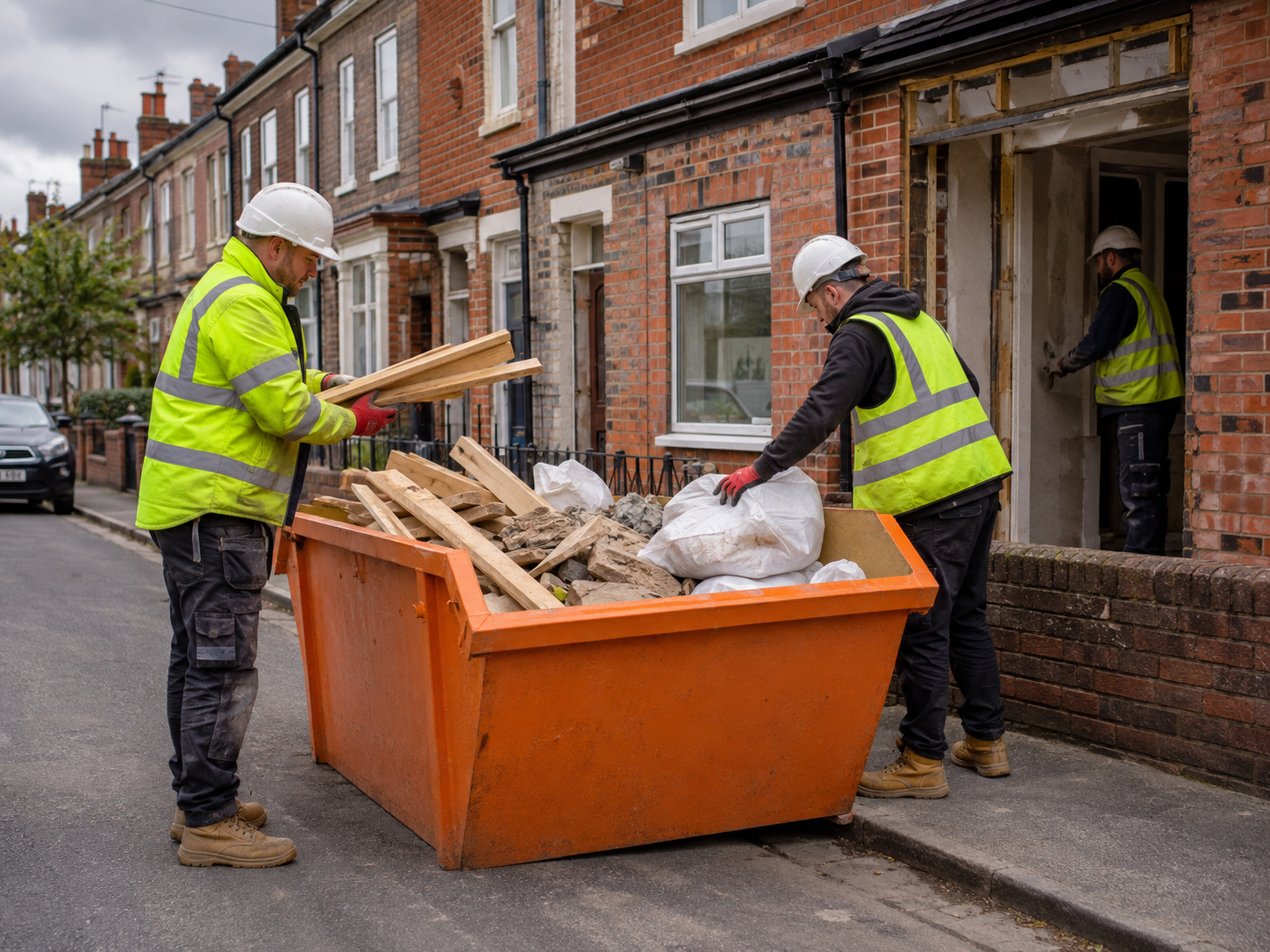 Builders loading permitted renovation waste into an orange skip outside a Yorkshire terrace