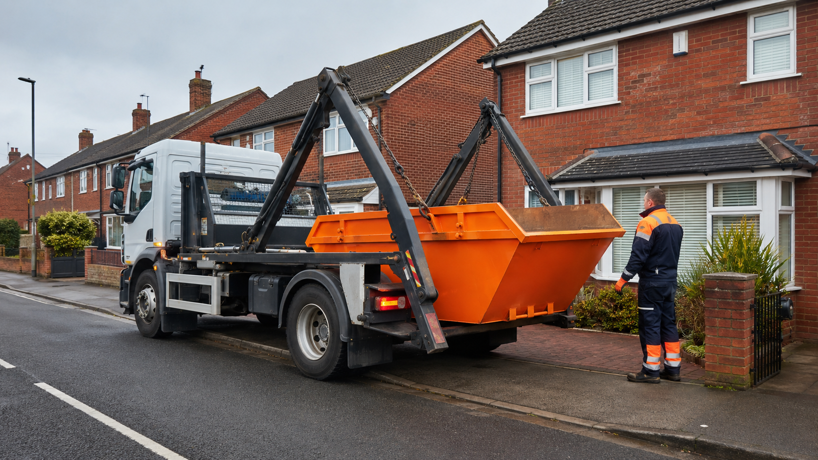 Orange skip being delivered to a red brick Yorkshire home
